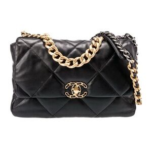 Chanel Black 19 Large Quilted Shoulder Bag with Gold Chain